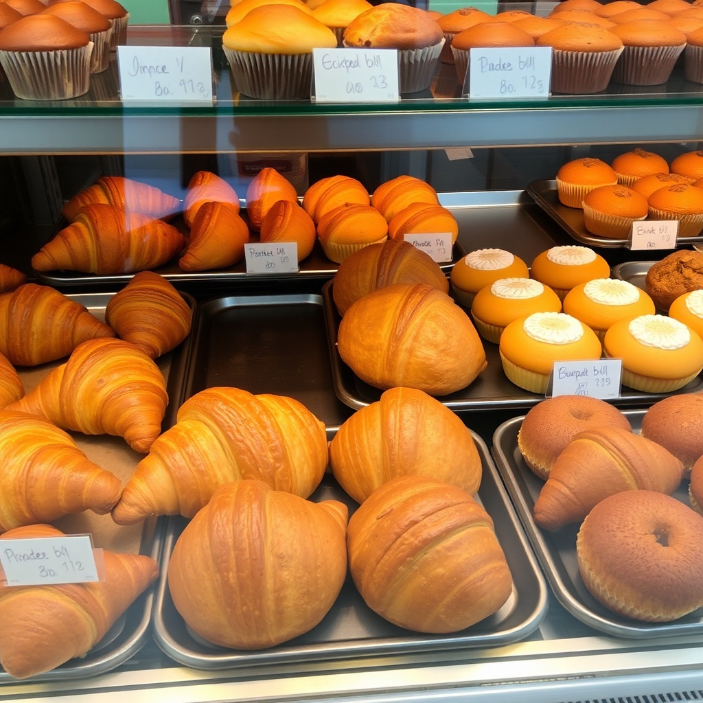 Freshly baked pastries in a glass display case