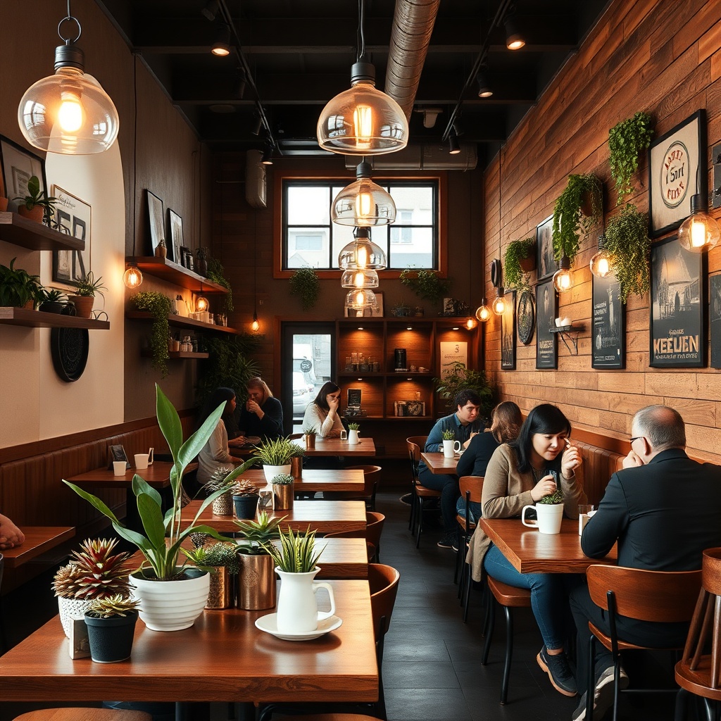 Cozy coffee shop interior with wooden tables and plants