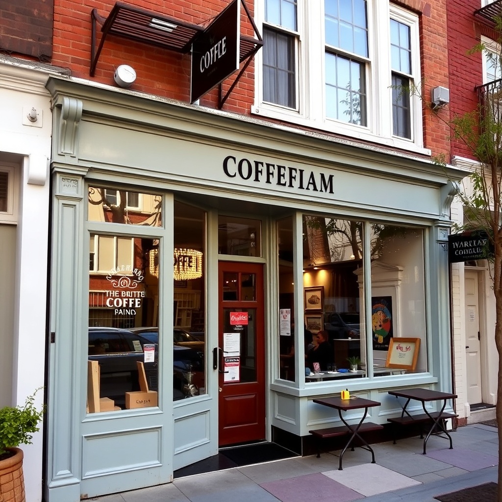 Coffee shop storefront with outdoor seating on the sidewalk