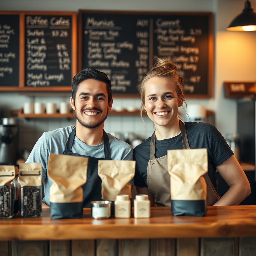 Cafe owners behind counter