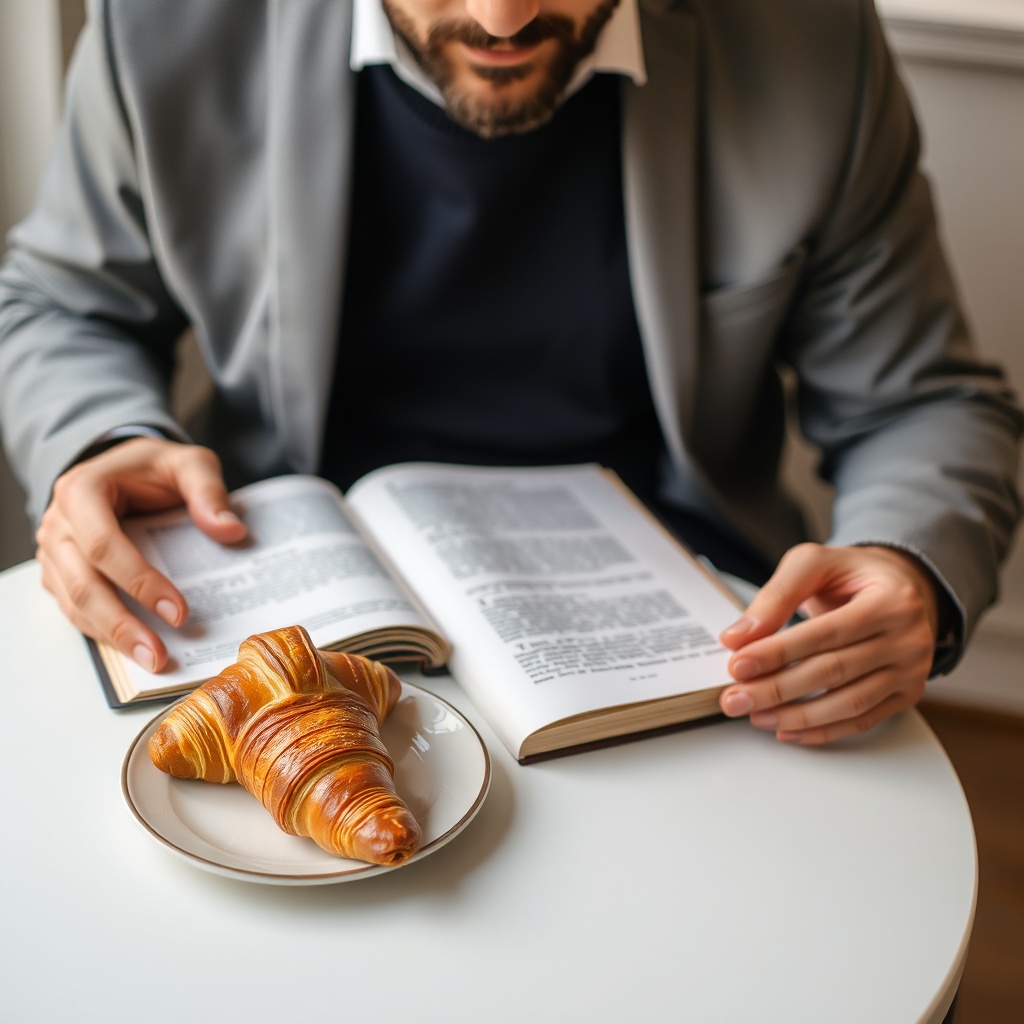 Ethan sitting with a book and pastry