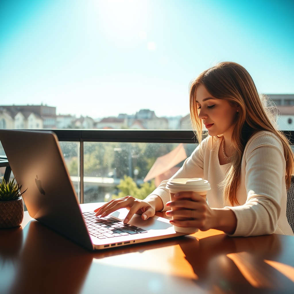 Sofia working on a laptop with coffee