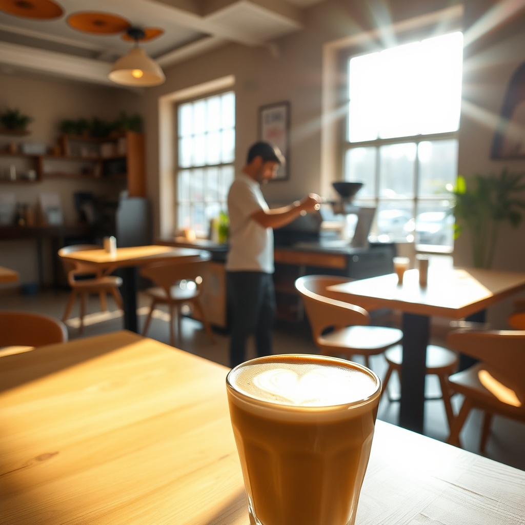Sunlit café interior with barista making a latte